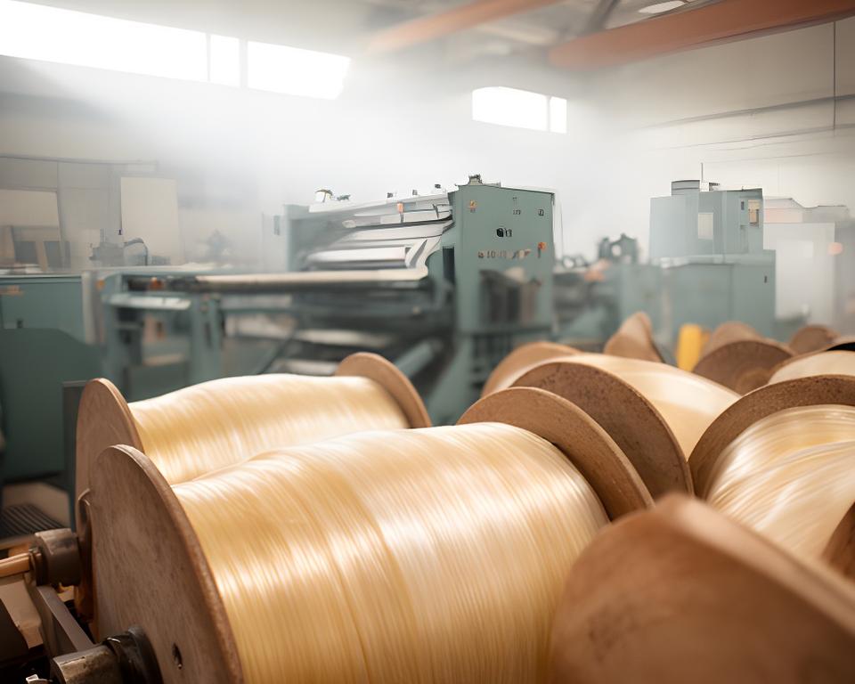 Bobina de filamentos de fibra de vidrio en un taller industrial luminoso con maquinaria de extrusión al fondo