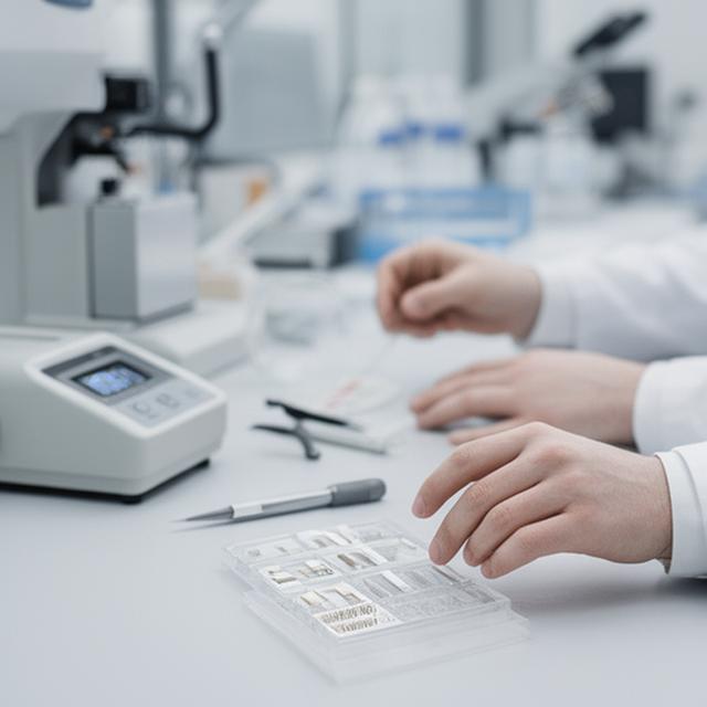 Técnica de laboratorio midiendo parámetros de fibra de vidrio con instrumental de control preciso