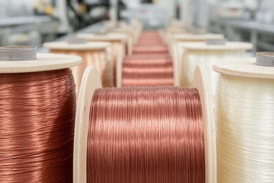 Bobinas de filamentos de fibra de vidrio en una planta luminosa, con textura técnica y orden industrial