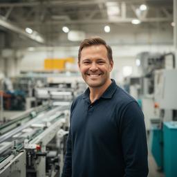 Cliente industrial sonriendo junto a una línea de producción de tanques de almacenamiento en una nave ordenada